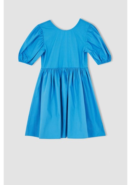 Kız Çocuk Bisiklet Yaka Kısa Balon Kollu Pamuklu Poplin Elbise Y0192A622SM