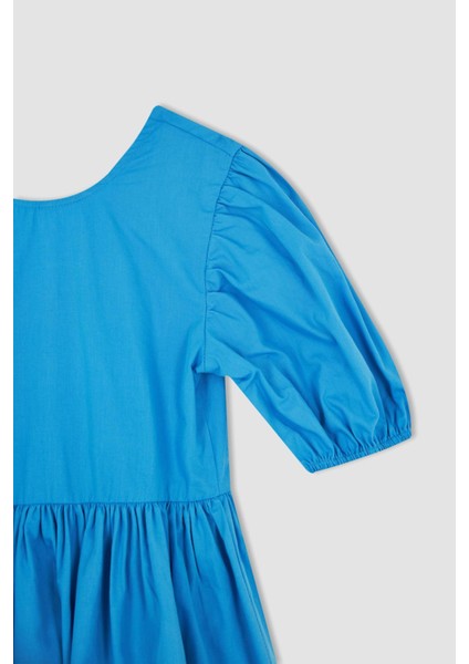 Kız Çocuk Bisiklet Yaka Kısa Balon Kollu Pamuklu Poplin Elbise Y0192A622SM