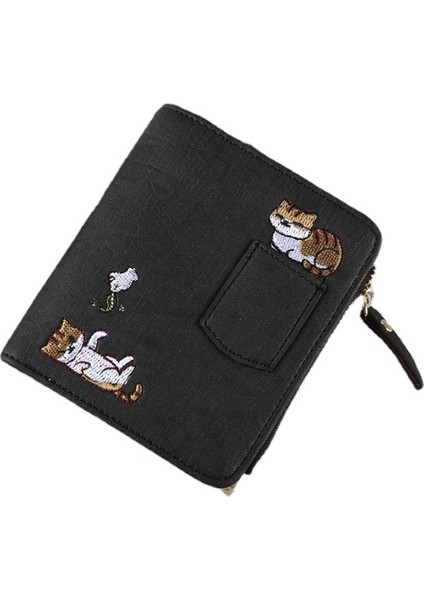 Nakış Kedi Kadın Kısa Cüzdan Fermuarlı Bozuk Para Cüzdanı (Yurt Dışından)