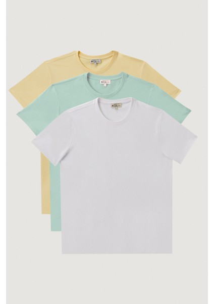 AC&Co / Altınyıldız Classics Erkek Mınt-sarı-beyaz Slim Fit Dar Kesim Bisiklet Yaka 3'lü %100 Pamuk Tişört Paketi
