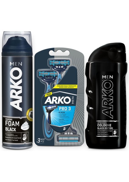 Arko Men Black Köpük 200ml ve Arko Men T3 Tıraş Bıçağı 3'lü ve Black Tıraş kolonyası 200ml