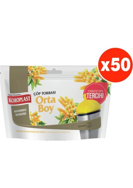 Hanımeli Kokulu Orta Boy 15'li Çöp Torbası x 50 Paket 55x60 cm