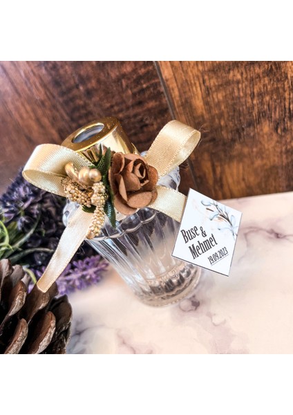 50 Adet Çizgili Kahverenkli Çiçekli Cam Şişe Düğün Kına Söz Nikah Şekeri