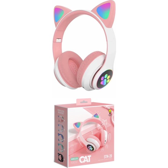 Sore Kedi Kulaklı Bluetooth Kablosuz Renkli Işıklı Rgb Çocuk Oyuncu Kulaklık Radyo Hafıza Kartı Aux Girişli STN-028