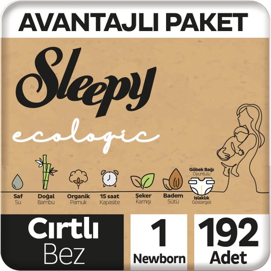 Sleepy Ecologic Avantajlı Paket Bebek Bezi 1 Numara Yenidoğan 192 Adet
