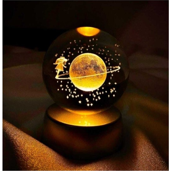 Hediye Ofisi Satürn Çevresinde Gezen Kız Tasarımlı Işıklı Cam Küre