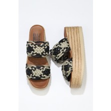 Bueno Shoes Siyah Deri Kadın Dolgu Topuklu Terlik