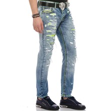Cipo & Baxx CD605 Neon Yeşil Yırtık Buz Mavisi Erkek Jeans