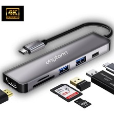 Daytona Ch-13/c Macbook Uyumlu 6ın1 Type-C To 2* USB 3.0 Sd Tf 4K Hd 1080P HDMI Pd Kart Okuyucu Çevirici Adaptör