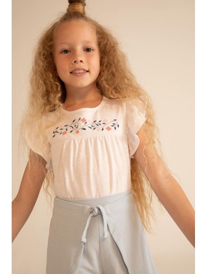 DeFacto Kız Çocuk Regular Fit Kısa Kollu Çiçek Baskılı Tişört Pamuklu 100% Yazlık Moda