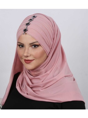 Moda Çizgi Pileli Taşlı Şal  Pudra