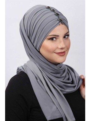 Moda Çizgi Pileli Taşlı Şal  Gri