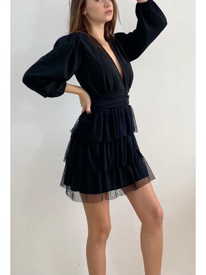 Mois Atelier Fırfırlı Siyah Büzgülü Mini Elbise, Hediye