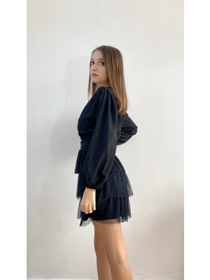 Mois Atelier Fırfırlı Siyah Büzgülü Mini Elbise, Hediye