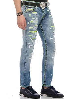 Cipo & Baxx CD605 Neon Yeşil Yırtık Buz Mavisi Erkek Jeans