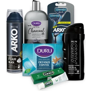 Arko Men & Duru Erkek Bakım Seti 200 ml Black Tıraş Köpüğü ve 200 ml Tıraş Kolonyası ve T3 3 Adet Tıraş Bıçağı ve 20CC Krem ve 500 ml Duş Jeli ve 600 gr Duş Sabunu