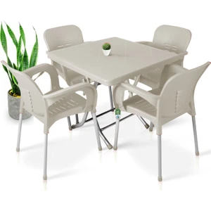 Bs Plastik Metal Ayaklı Katlanır Masa 80X80 4 Adet Metal Ayaklı Sandalye Seti Bahçe Balkon Teras Takımı