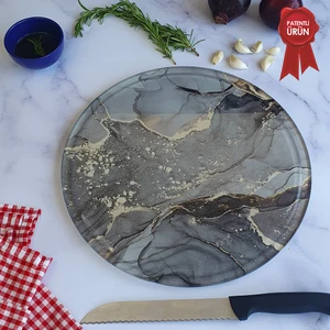 Kanallı Cam Kesme Tahtası - Cam Kesme Tablası | Gri Gold Mermer | Çap32cm | Patentli Ürün