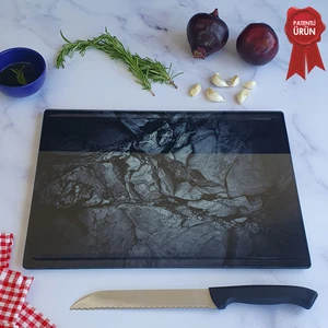 Kanallı Cam Kesme Tahtası - Cam Kesme Tablası | Doğal Taş Desenli | 25cm x 35cm | Patentli Ürün