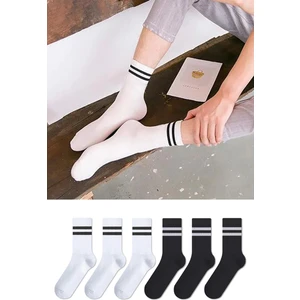 Chie Collection 6'lı Çember Desenli Unisex Siyah Beyaz Uzun Tenis Çorap Seti