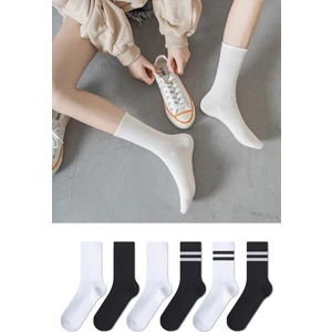 Chie Collection 6'lı Düz Desensiz ve Çember Desenli Unisex Çift Renk Siyah Beyaz Uzun Tenis Çorap Seti