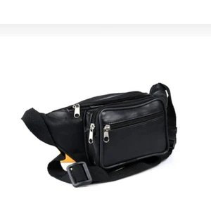 Siyah Hakiki Deri Üç Gözlü Bel Çantası