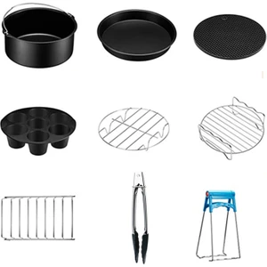 9 Adet Yui / Xiaomi / Philips / Kumtel Uyumlu 6 Inç Air Fryer Aksesuar Seti - Siyah (Yurt Dışından)