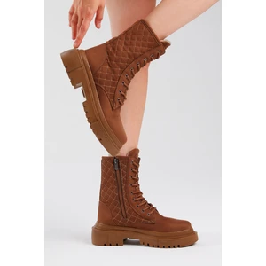 Tonny Black Kadın Taba Süet Kapitone Desenli Rahat Kalıp Bağcıklı Uzun Bot