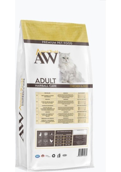 Animal World Adult Hairball Care Chicken and Rice Tüy Yumağı Önleyici Tavuk Etli ve Pirinçli Yetişkin Kedi Maması 15 kg