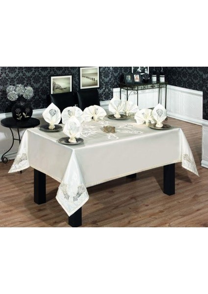 Anjelica Lüx İncili Dantelli Monoray Kumaş Krem Masa Örtüsü, Peçeteli Sofra Takımı 12 Kişilik Dikdörtgen 170x330 cm 25 Parça - 335