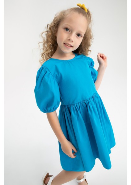 Kız Çocuk Bisiklet Yaka Kısa Balon Kollu Pamuklu Poplin Elbise Y0192A622SM modelleri