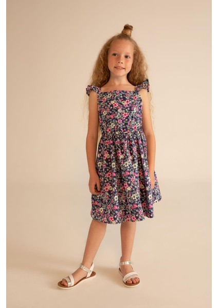 Kız Çocuk Kare Yaka Çiçekli Askılı Elbise X7634A622SM