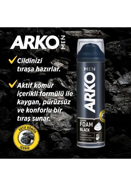 Arko Men Black Köpük 200ml ve Arko Men T3 Tıraş Bıçağı 3'lü ve Black Tıraş kolonyası 200ml