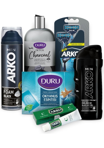 & Duru Erkek Bakım Seti 200 ml Black Tıraş Köpüğü ve 200 ml Tıraş Kolonyası ve T3 3 Adet Tıraş Bıçağı ve 20CC Krem ve 500 ml Duş Jeli ve 600 gr Duş Sabunu