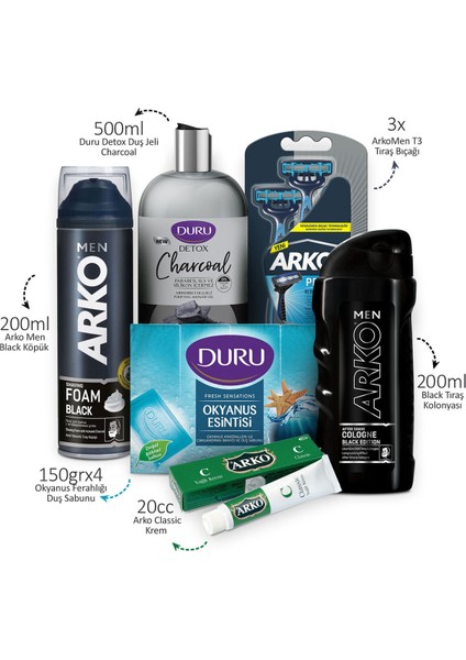 & Duru Erkek Bakım Seti 200 ml Black Tıraş Köpüğü ve 200 ml Tıraş Kolonyası ve T3 3 Adet Tıraş Bıçağı ve 20CC Krem ve 500 ml Duş Jeli ve 600 gr Duş Sabunu fiyatları