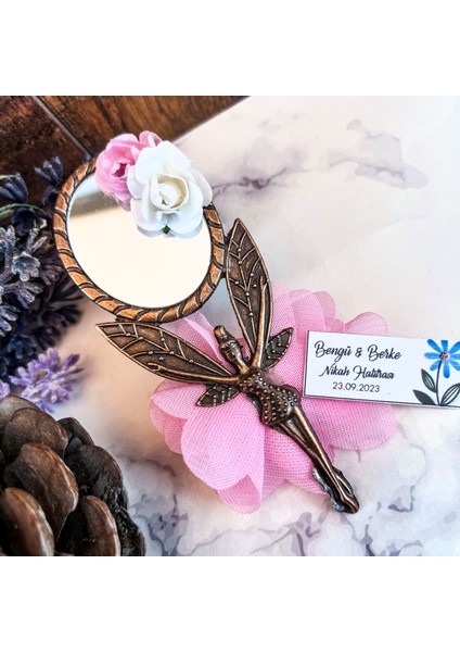 Pembe Çiçekli Melekli Ayna Nikah Şekeri Nişan Düğün Hediyelikleri 50'li