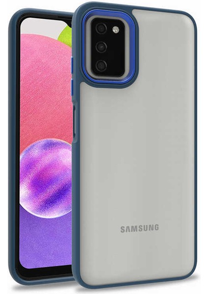 Caseworld Samsung Galaxy A03S Kapak Metal Kamera Korumalı Arkası Şeffaf Silikon Kılıf - Mavi
