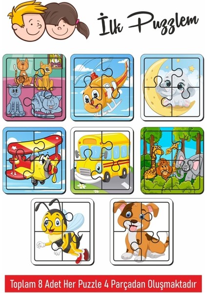 8 Adet Ahşap 4 Parça Puzzle Sevimli Karakterler