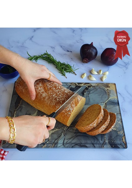Kanallı Cam Kesme Tahtası - Cam Kesme Tablası | Gri Gold Mermer | 25cm x 35cm | Patentli Ürün fiyatları