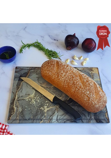 Kanallı Cam Kesme Tahtası - Cam Kesme Tablası | Gri Gold Mermer | 25cm x 35cm | Patentli Ürün modelleri
