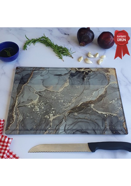 Kanallı Cam Kesme Tahtası - Cam Kesme Tablası | Gri Gold Mermer | 25cm x 35cm | Patentli Ürün