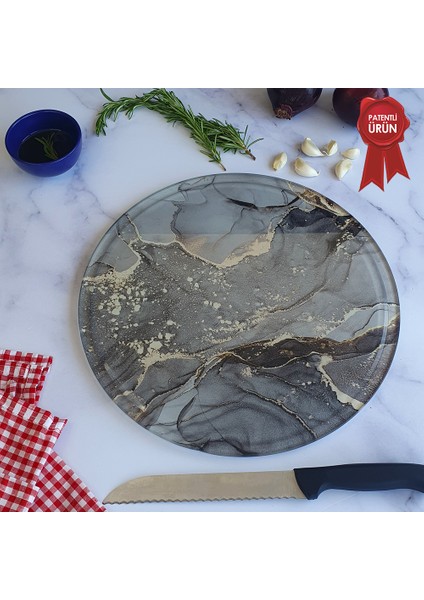 Kanallı Cam Kesme Tahtası - Cam Kesme Tablası | Gri Gold Mermer | Çap32cm | Patentli Ürün