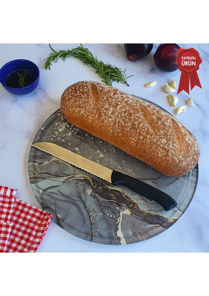 Kanallı Cam Kesme Tahtası - Cam Kesme Tablası | Gri Gold Mermer | Çap32cm | Patentli Ürün modelleri