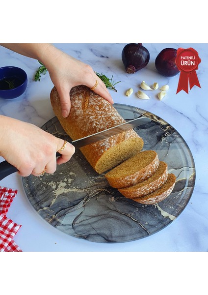 Kanallı Cam Kesme Tahtası - Cam Kesme Tablası | Gri Gold Mermer | Çap32cm | Patentli Ürün fırsatları