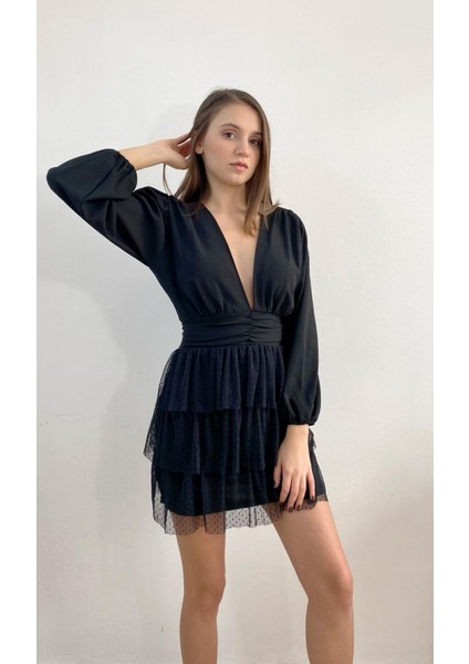 Fırfırlı Siyah Büzgülü Mini Elbise, Hediye fırsatları