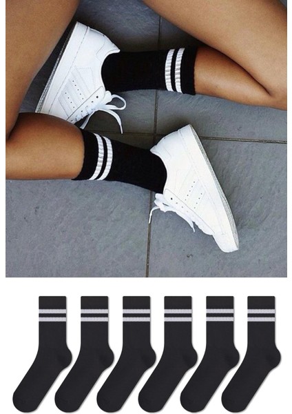 6'lı Çember Desenli Unisex Siyah Uzun Tenis Çorap Seti