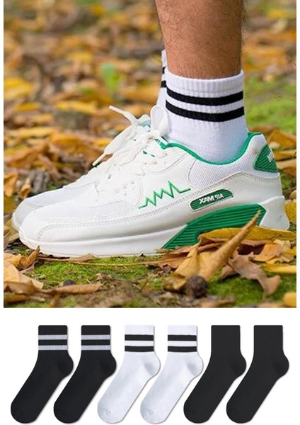 6'lı Düz Desensiz ve Çember Desenli Unisex Siyah Beyaz Tenis Çorap Seti