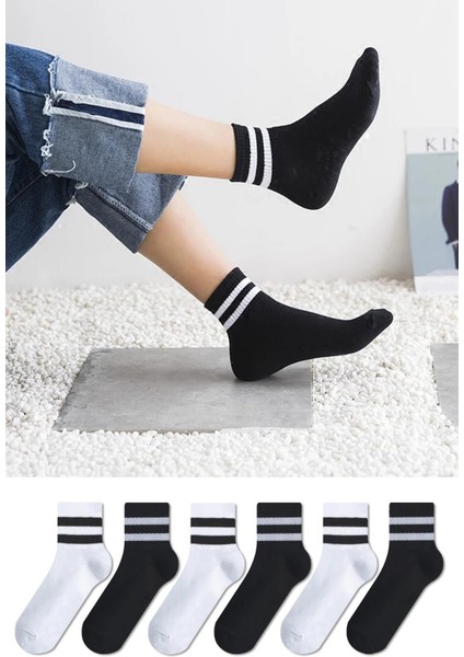 6'lı Çember Desenli Unisex Siyah Beyaz Tenis Çorap Seti