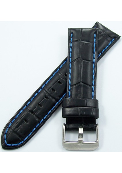 Bizon Deri Saat Kordonu 18MM Siyah Kayişi Koyu Mavi Dikişli Kroko