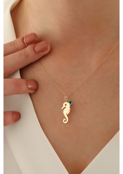 14 Ayar Altın Forze Zincir Deniz Atı Göz Kolye